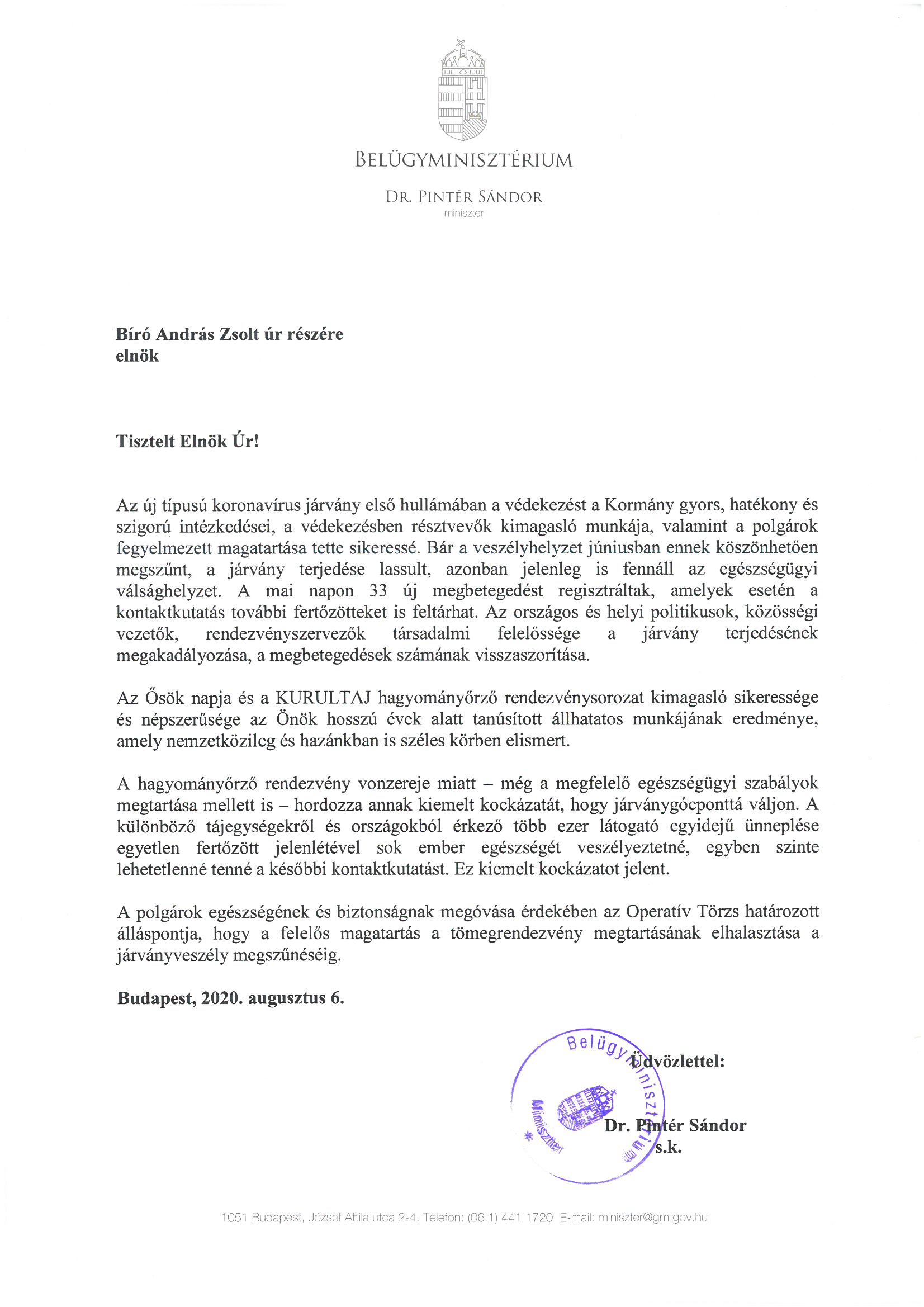 Magyarország belügyminiszterének, Dr. Pintér Sándornak a levele