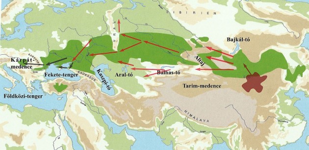 A hunok feltételezett vándorlási útvonala Belső-Ázsiától Európáig****
