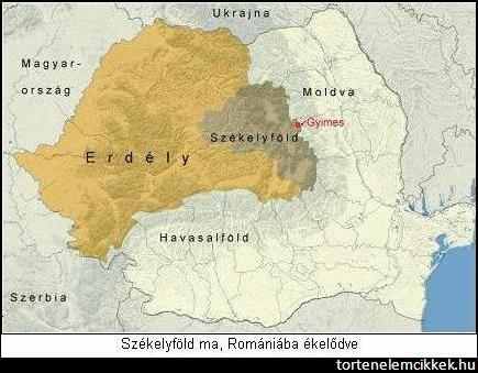 Az elszakított magyar Erdély a mai Románián belül, középen a teljes magyar többségű Székelyfölddel . 